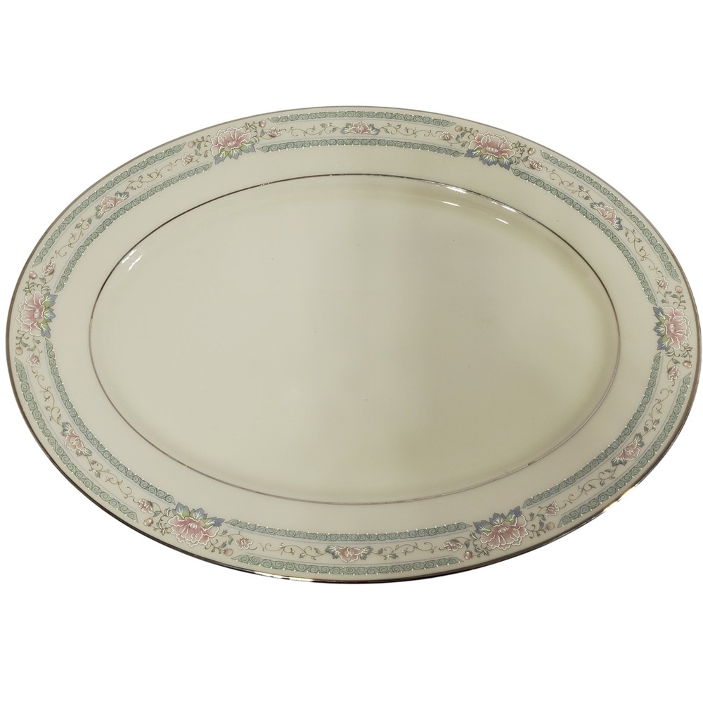 Lenox Charleston Oval Serving Platter Ivory 13.5" Floral Border Platinum Trim